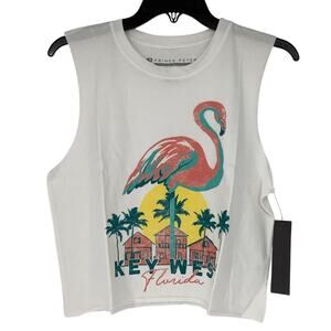 Prince Peter Women's Small Flamingo Key West Florida USA White Tank Top L15-3